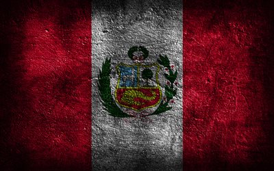4k, ペルーの旗, 石の質感, 石の背景, グランジアート, ペルーの国家シンボル, ペルー