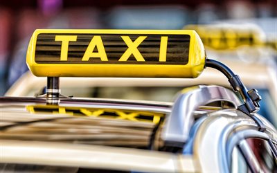 sinal de táxi, 4k, ponto de táxi, sinal de carro de táxi, conceitos de transporte, conceitos de táxi, táxi amarelo sinal