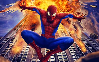 4k, flying spider-man, marvel comics, explosão, super-heróis, cartoon spider-man, spiderman, obras de arte, spider-man 4k, spider-man