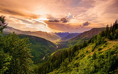 montana, 4k, solnedgång, dal, berg, kullar, ravin, flod, vacker natur, skog, usa, amerikansk natur, amerika