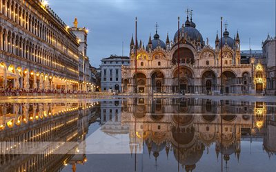 piazza san marco, venedik, akşam, gün batımı, st marks meydanı, venedik şehir manzarası, simgesel yapı venedik, italya
