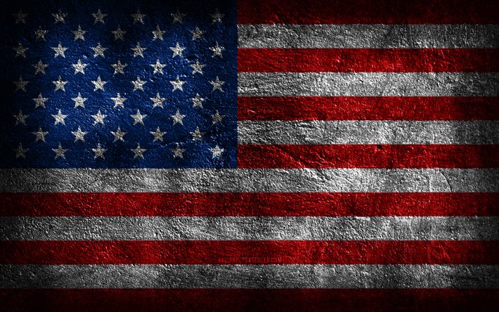 4k, 미국 국기, 돌 질감, 돌 배경, 그런지 아트, 미국 국가 상징, 미국