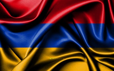 アルメニアの旗, 4k, アジア諸国, ファブリックフラグ, アルメニアの日, 波状のシルクの旗, ヨーロッパ, アルメニアの国家シンボル, アルメニア