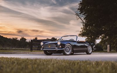 maserati 3500 gt spyder prototipo, 4k, puesta de sol, 1959 autos, autos retro, negro cabriolet, oldsmobiles, autos italianos, maserati
