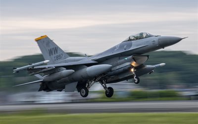 general dynamics f-16 fighting falcon, usaf, chasseur américain, aérodrome militaire, f-16, chasseur décollage, f-16 décollage, états-unis