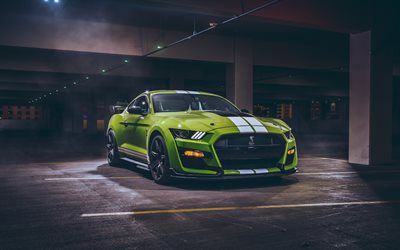 Ford Mustang Shelby GT500, 4k, parking, 2022 cars, supercars, Green Ford Mustang, tuning, 2022 Ford Mustang, american cars, Ford