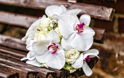 buquê de noiva, 4k, orquídeas brancas, buquê de casamento, casamento de fundo, orquídeas buquê de casamento, orquídeas, lindas flores