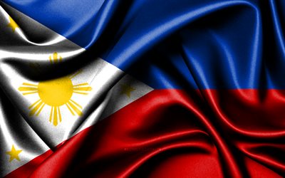フィリピンの旗, 4k, アジア諸国, ファブリックフラグ, フィリピンの日, 波状のシルクの旗, アジア, フィリピンの国のシンボル, フィリピン