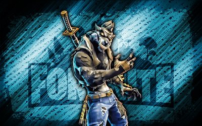 Werewolf Fortnite, 4k, blue diagonal background, grunge art, Fortnite, artwork, Werewolf Skin, Fortnite characters, Werewolf, Fortnite Werewolf Skin
