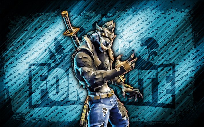 werewolf fortnite, 4k, sfondo diagonale blu, grunge art, fortnite, artwork, werewolf skin, personaggi fortnite, werewolf, fortnite werewolf skin