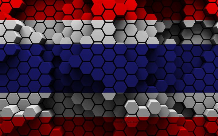 4k, Flag of Thailand, 3d hexagon background, Thailand 3d flag, 3d hexagon texture, Thailand national symbols, Thailand, 3d background, 3d Thailand flag