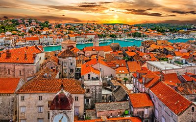 Trogir, evening, sunset, resort, Adriatic coast, Trogir panorama, Trogir cityscape, Trogir aerial view, Split-Dalmatia, Croatia