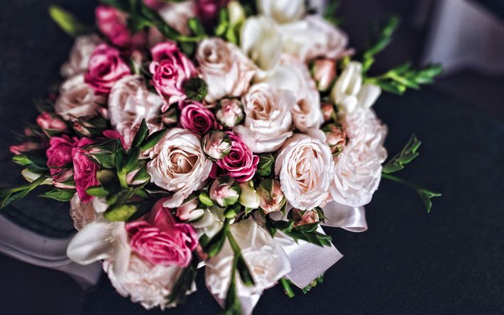 웨딩 부케, 4k, 핑크 장미, 보라색 장미, 장미 꽃다발, 신부 부케, 장미, 아름다운 꽃다발, 결혼식 배경, 보라색 장미 꽃다발, 혼례