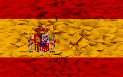 bandera de españa, 4k, fondo de polígono 3d, textura de polígono 3d, bandera española, bandera de españa 3d, símbolos nacionales españoles, arte 3d, españa