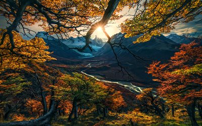 patagonia, puesta de sol, otoño, hermosa naturaleza, valle, montañas, argentina, américa del sur, río
