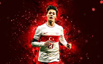 Arda Guler, 4k, red neon lights, Turkey National Football Team, soccer, footballers, red abstract background, Turkish football team, Arda Guler 4K