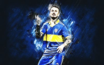 Dario Benedetto, Boca Juniors, Argentine football player, blue stone background, grunge art, Argentina, football