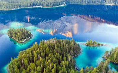 lago eibsee, 4k, puntos de referencia alemanes, viaje de verano, baviera, alemania, europa, lagos azules, hermosa naturaleza