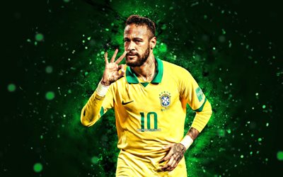 neymar, 4k, luces de neón verde, equipo nacional de brasil, fútbol, futbolistas, fondo abstracto verde, neymar jr, equipo de fútbol brasileño, neymar 4k