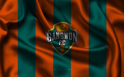 4k, gangwon fcロゴ, オレンジグリーンシルクファブリック, 韓国のサッカーチーム, gangwon fcエンブレム, kリーグ1, gangwon fc, 韓国, フットボール, gangwon fcフラグ, サッカー