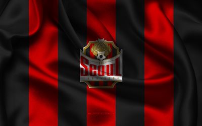 4k, logotipo de seúl fc, tela de seda roja negra, equipo de fútbol de corea del sur, seúl fc emblema, k liga 1, seúl fc, corea del sur, fútbol americano, bandera de seúl fc, fútbol