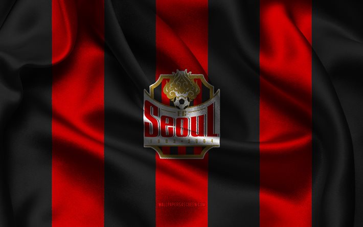 4k, seoul fc logo, نسيج حرير أحمر أسود, فريق كرة القدم في كوريا الجنوبية, سيول fc emblem, k league 1, سيول fc, كوريا الجنوبية, كرة القدم, seoul fc flag