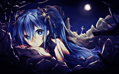 Hatsune Miku, night, Vocaloid, protagonist, manga, moon, Vocaloid characters, japanese virtual singers, Hatsune Miku Vocaloid