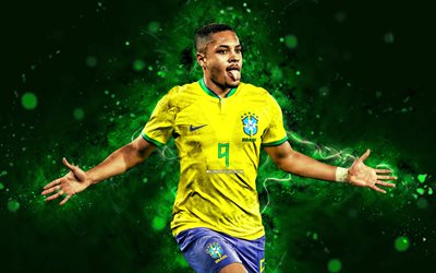 فيتور روك, 4k, أضواء النيون الخضراء, المنتخب الوطني البرازيلي, كرة القدم, لاعبي كرة القدم, خلفية تجريدية خضراء, فريق كرة القدم البرازيلي, فيتور روك 4k