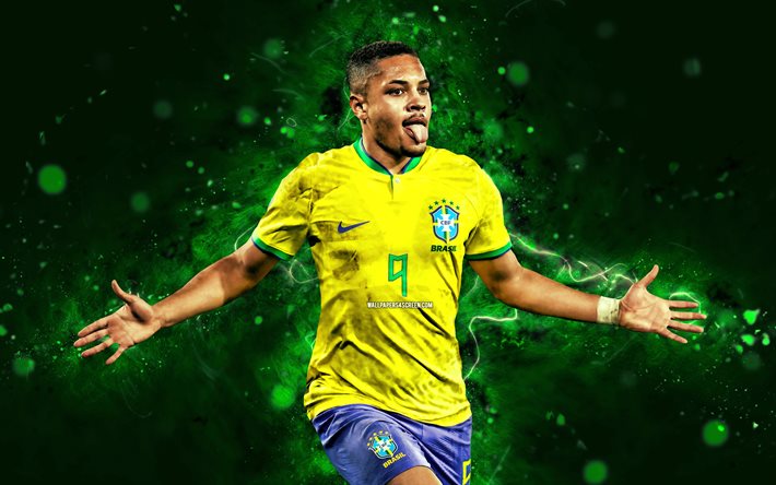 Vitor Roque, 4k, green neon lights, Brazil National Team, soccer, footballers, green abstract background, Brazilian football team, Vitor Roque 4K