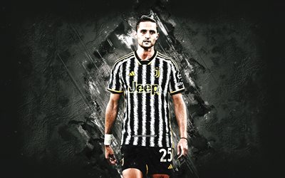Adrien Rabiot, Juventus FC, French soccer player, white stone background, Juventus 2023 uniform, Serie A, Italy, football, Juve