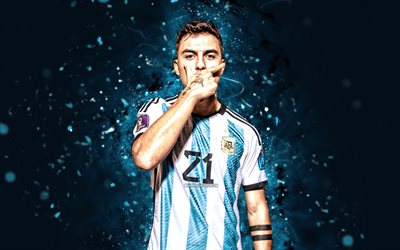 paulo dybala, 4k, siniset neonvalot, argentiinan kansallinen jalkapallojoukkue, jalkapallo, jalkapalloilijat, sininen abstrakti tausta, argentiinalainen jalkapallojoukkue, paulo dybala 4k
