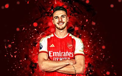 Declan Rice, 4k, red neon lights, Arsenal FC, english footballers, soccer, Premier League, Declan Rice 4k, red abstract background, football, The Gunners, Declan Rice Arsenal