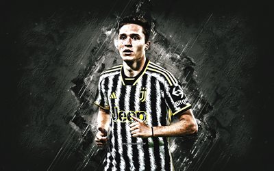 Federico Chiesa, Juventus FC, Italian footballer, white stone background, Juventus 2024 uniform, Serie A, Italy, football, Juve