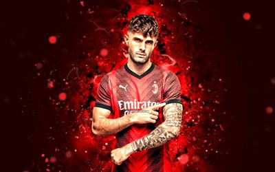 Christian Pulisic, 4k, 2023, red neon lights, AC Milan, soccer, american footballers, Christian Pulisic 4K, Milan FC, red abstract background, football, Christian Pulisic Milan, Rossoneri