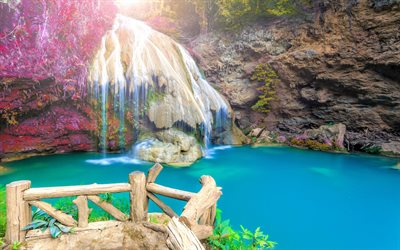 waterfalls, Thailand, bright sun, rocks
