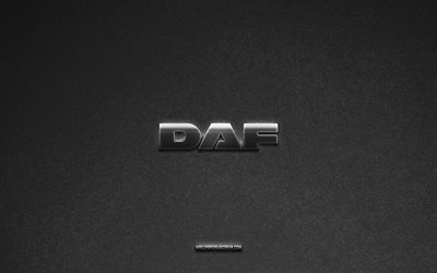 logo daf, sfondo grigio pietra, emblema daf, loghi auto, daf, marchi automobilistici, logo daf in metallo, texture pietra