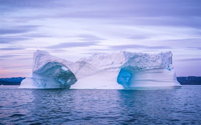 빙산, 저녁, 북대서양, 빙, 큰 빙산, 그린란드, 대양, 큰 얼음 덩어리