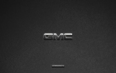 gmc 로고, 회색 돌 배경, gmc 엠블럼, 자동차 로고, gmc, 자동차 브랜드, gmc 메탈 로고, 돌 질감