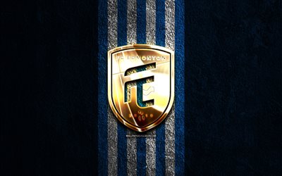 logotipo dorado de edmonton fc, 4k, fondo de piedra azul, canadian premier league, club de fútbol canadiense, logotipo de edmonton fc, fútbol, fc edmonton, edmonton fc