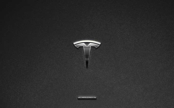 Tesla logo, gray stone background, Tesla emblem, car logos, Tesla, car brands, Tesla metal logo, stone texture