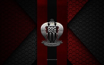 ogc niza, ligue 1, textura tejida negra roja, logotipo de ogc niza, club de fútbol francés, emblema de ogc niza, fútbol, niza, francia