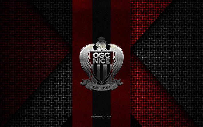 ogc nice, ligue 1, trama a maglia rossa nera, logo ogc nice, squadra di calcio francese, emblema ogc nice, calcio, nizza, francia