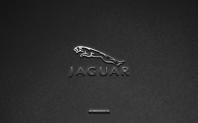 logo jaguar, fond de pierre grise, emblème jaguar, logos de voiture, jaguar, marques de voiture, logo métallique jaguar, texture de pierre