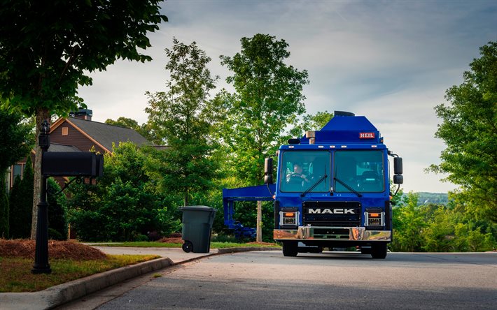 mack lr heil refuse truck, 4k, strada, lkw, 2015 camion, trasporto merci, blue mack lr, camion della spazzatura, attrezzature speciali, camion, camion americani, mack
