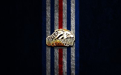Saginaw Spirit golden logo, 4k, blue stone background, OHL, canadian hockey team, Saginaw Spirit logo, hockey, Saginaw Spirit