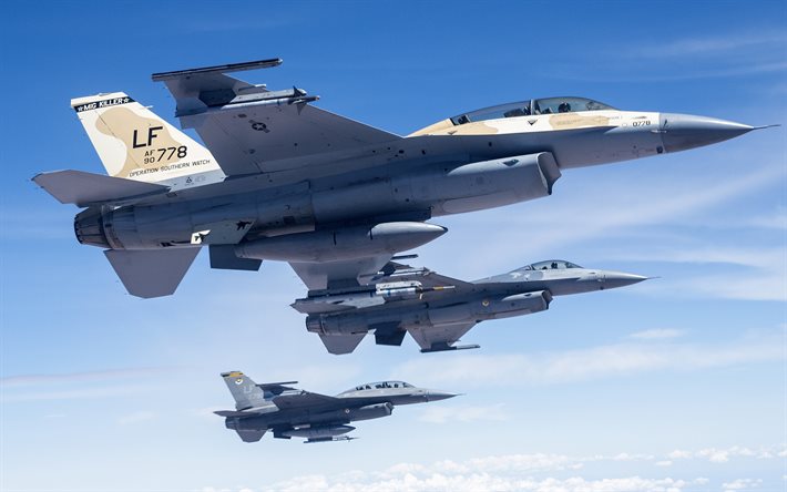 جنرال ديناميكس f-16 fighting falcon, المقاتلين الأمريكيين, القوات الجوية الأمريكية, ثلاثة مقاتلين, إف -16 في السماء, الطيران القتالي, الولايات المتحدة الأمريكية