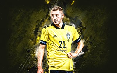 Dejan Kulusevski, Sweden national football team, portrait, Swedish football player, midfielder, yellow stone background, football, Sweden