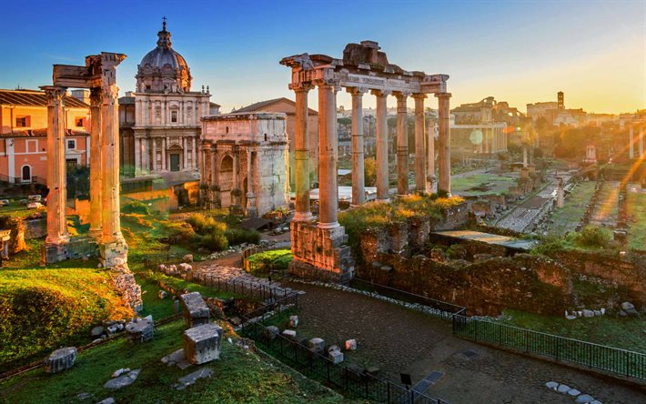 foro romano, tarde, puesta de sol, roma, arco de septimio severo, punto de referencia de roma, templo de saturno, paisaje urbano de roma, italia