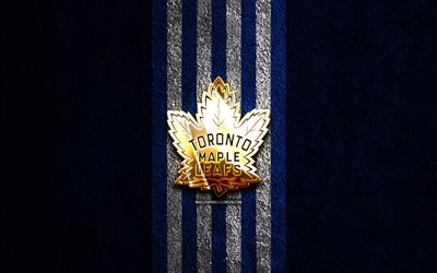 le logo doré des maple leafs de toronto, 4k, fond de pierre bleue, la lnh, l équipe canadienne de hockey, la ligue nationale de hockey, le logo des maple leafs de toronto, le hockey, les maple leafs de toronto