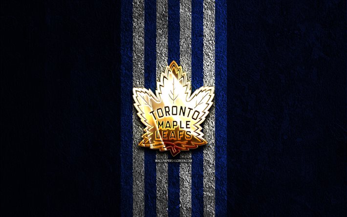 Toronto Maple Leafs golden logo, 4k, blue stone background, NHL, canadian hockey team, National Hockey League, Toronto Maple Leafs logo, hockey, Toronto Maple Leafs
